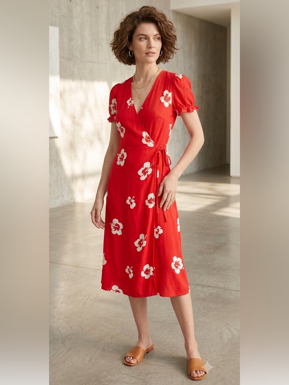 Reformation wrap dress - red with white flowers